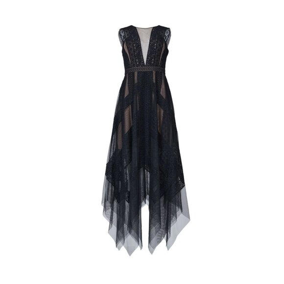 NWT BCBG MaxAzria Andi in Black Nude Lace Handkerchief Hem Sheer Dress 12 -  laplaya.ma